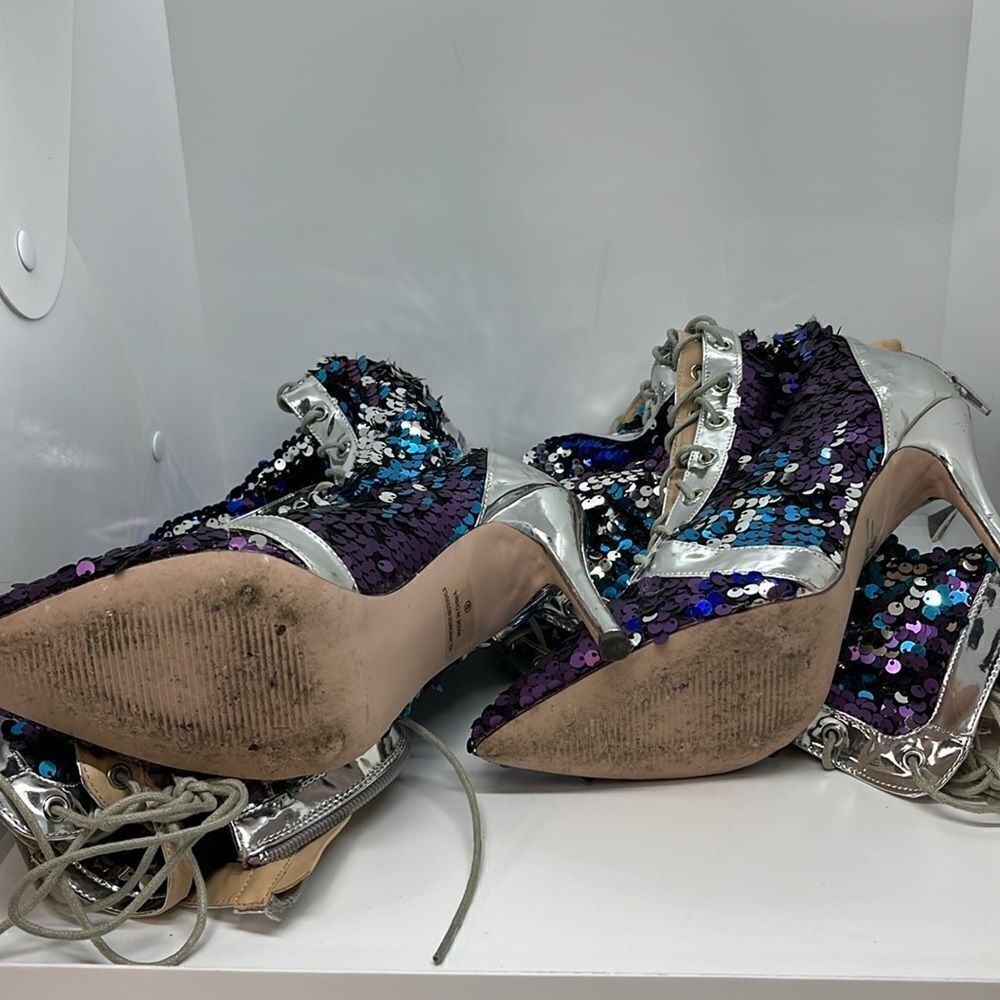Sequin Lace-Up Pointed Toe Heels in Purple and Blue - Picture 3 of 8